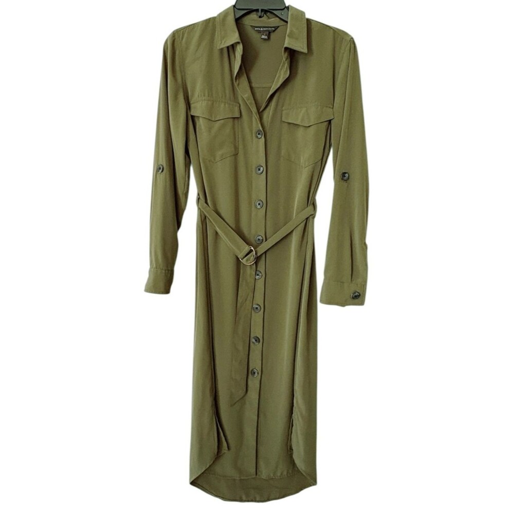 Utility Military Shirt Dress Olive Green Belted Button Front Rock & Republic S